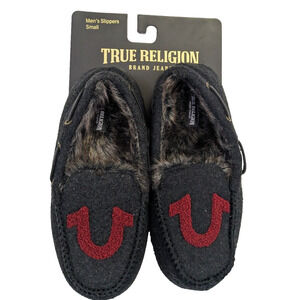 NEW True Religion Slippers Men Size S 7 - 8 Black Faux Fur Lined Lounge Footwear